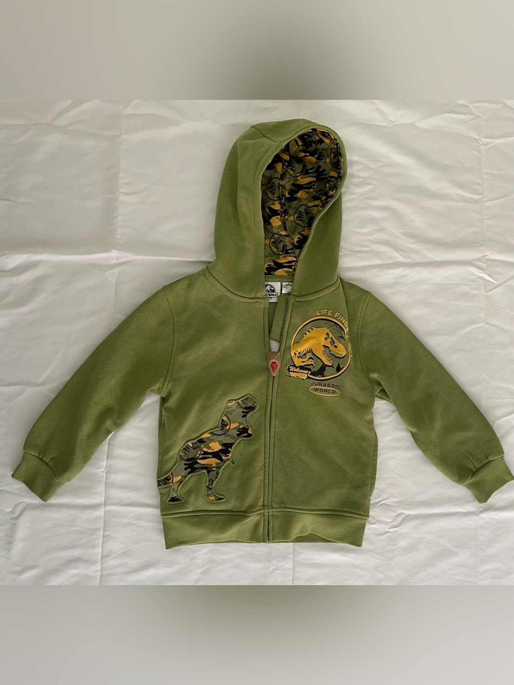 Jurassic World Olive Green Kids Zip-Up Hoodie with Dino Appliqué
